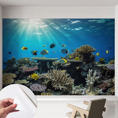 Coloray Zelfklevend Behang - Onderwaterwereld Zelfklevend fotobehang - 152x104 cm - Blauw Zelfklevend Behang - Voor de badkamer, woonkamer, slaapkamer - Plakklare achterzijde - Stickerbehang op rol