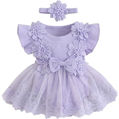 Baby Meisje Kant Romper Baby Tule Jurk Romper Bloemen Bodysuit Lente Zomer Festival Kleding met Hoofdband 3M paars