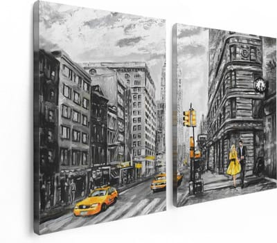 Artaza Canvas Schilderij Tweeluik Geschilderde New York Tekening - Zwart Wit - 120x80 - Foto Op Canvas - Canvas Print
