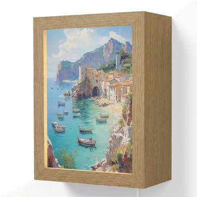 Wandlamp 15x20 cm - Oplaadbaar - Kustdorp - Schilderij - Rotsen - Boten - Wandlampen binnen woonkamer - Slaapkamer lamp met kabel - Decoratieve nachtlamp - Vloerlamp snoer
