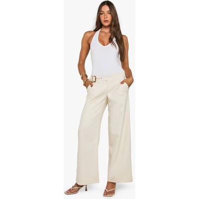 boohoo Dames Laaggesneden ceintuurde broek met rechte pijpen | Ecru | Maat: 12