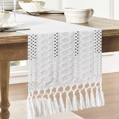 Boheemse tafelloper van katoen en linnen - 30*120 cm - Luxe tafelkleed met kwastjes - Decoratieve lange servet in boerderijstijl met knoopmotief - Wit