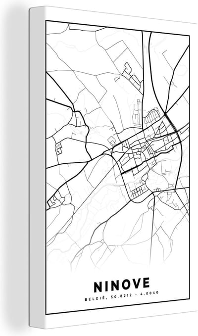 Canvas Schilderij Stadskaart – Plattegrond – België – Zwart Wit – Ninove – Kaart - 20x30 cm - Wanddecoratie