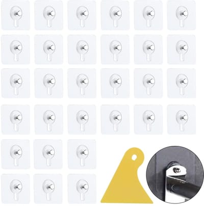 Dailygoods- Fotohaken Set van 30 - Zelfklevend - Zwaar Gebruik - Transparant - Acryl - Geschikt tot 5 kg - Inclusief Schraper - Wandhaken