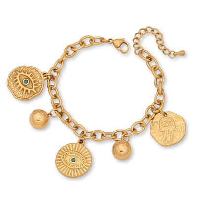 Marama - Bedelarmband Fien Oogje Goud - Zomers design - Gouden plating - Nikkelvrij - 4 Bedels - Schakelarmband - Dames