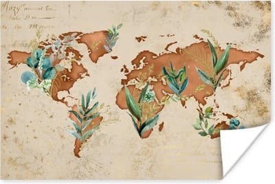 Poster 30x20 cm - Wereldkaart - Papyrus - Planten - Posters - Kamer decoratie - Wanddecoratie woonkamer - Muurdecoratie slaapkamer