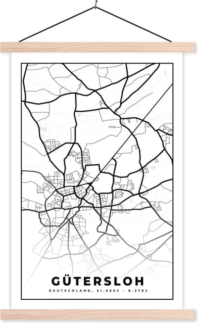 Posterhanger incl. Poster 40x60 cm - Schoolplaat - Stadskaart - Gütersloh - Kaart - Plattegrond - Textielposter - Blanke latten - Stadskaart