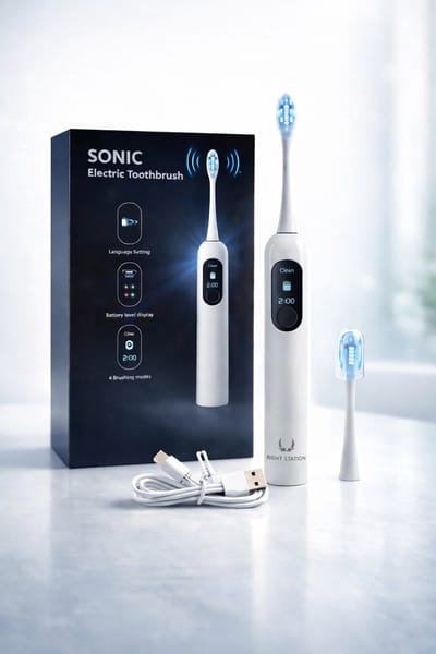 Right Station®-Sonic Elektrische Tandenborstel – Oplaadbaar – 4 Poetsstanden – 2 Min Timer – Batterijdisplay – Inclusief Opzetborstels & USB-kabel-Scherm- screen-PREMIUM WHITE