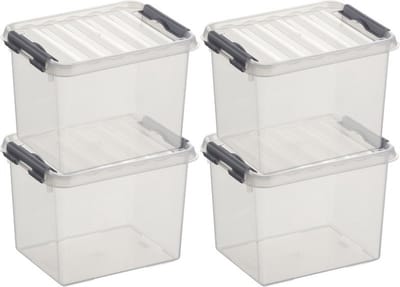 4x sunware q-line opberg box/opbergdoos - 3 liter - 20 x 15 x 14 cm - kunststof - opslagbox - transparant/zilver