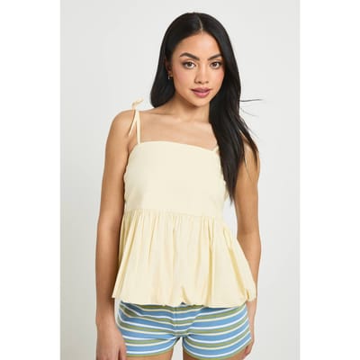boohoo Dames Katoenen Poplin Pofmouw Bandjes Cami Met Strikbandjes | Citroen | Maat: 34