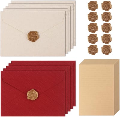 Complete Set van 35 Stukjes Briefpapier met 10 Enveloppen, 10 Waszegels en 15 A5 Vellen voor Verjaardagen, Trouwen en Uitnodigingen met Vintage Ontwerp