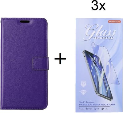 Bookcase Geschikt voor: Motorola Edge 30 Pro - Paars - portemonnee hoesje met 3 stuk Glas Screen protector