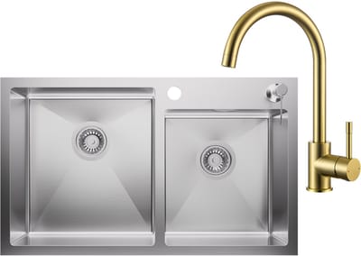 Auralum max Dubbele spoelbak voor keuken 75x45cm - Spoelbak Keuken Met Goud Keukenkraan - Roestvrij staal- Wasbak met waterafvoersysteem - Met zeepdispenser 300ml