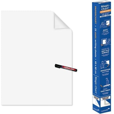 Legamaster Magic-Chart Paperchart-folie – statisch zelfklevend – wit – 80x60 cm – afveegbaar en herschrijfbaar – incl. 1 bordstift – 25 vellen folie op een rol