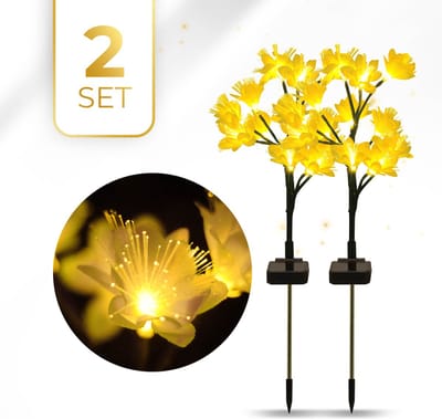 KENN® Tuinverlichting op Zonne-energie – Set van 2 – Geel – Tot 12 Branduren – Inclusief Grondspiezen – IP65 Waterdicht – Solar Tuinverlichting Bloemen – Buitenverlichting – Padverlichting – LED Tuinlampen - Bloemverlichting op Zonne-energie
