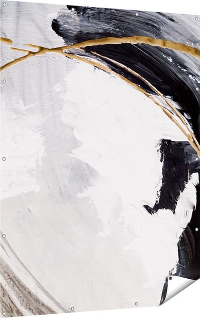 Gards Tuinposter Abstracte Kunst - Wit met Zwart en Goud - 120x160 cm - Tuindoek - Tuindecoratie - Wanddecoratie buiten - Tuinschilderij