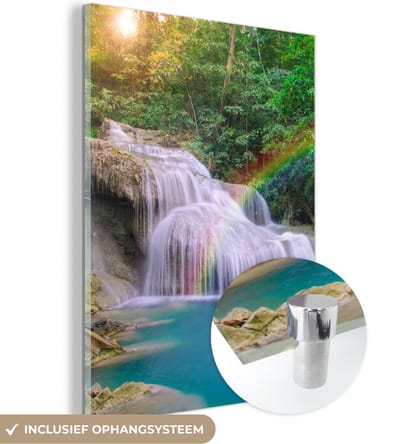 MuchoWow® Glasschilderij 30x40 cm - Schilderij acrylglas - Regenboog - Zon - Waterval - Natuur - Foto op glas - Schilderijen