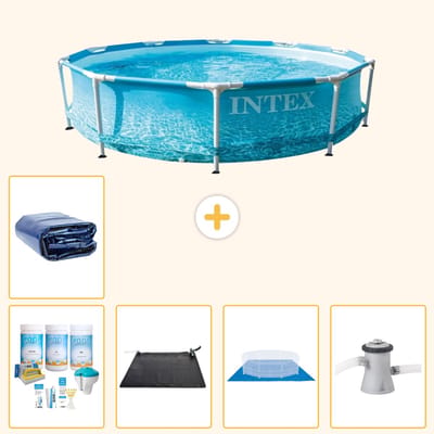 Intex Rond Frame Zwembad - 305 x 76 cm - Waterprint - Inclusief Onderhoudspakket - Solar Mat - Grondzeil - Zwembadfilterpomp - Solarzeil - 6-delig
