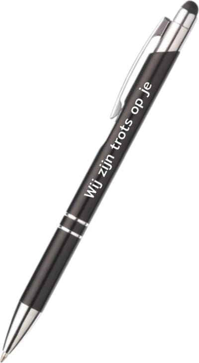 Akyol - wij zijn trots op je pen - zwart - gegraveerd - Motivatie pennen - collega - pen met tekst - leuke pennen - grappige pennen - werkpennen - stagiaire cadeau - cadeau - bedankje - afscheidscadeau collega - welkomst cadeau - met soft touch