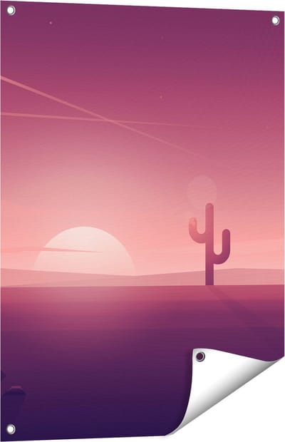 Gards Tuinposter Zonsondergang in de Woestijn met een Cactus - 60x80 cm - Tuindoek - Tuindecoratie - Wanddecoratie buiten - Tuinschilderij