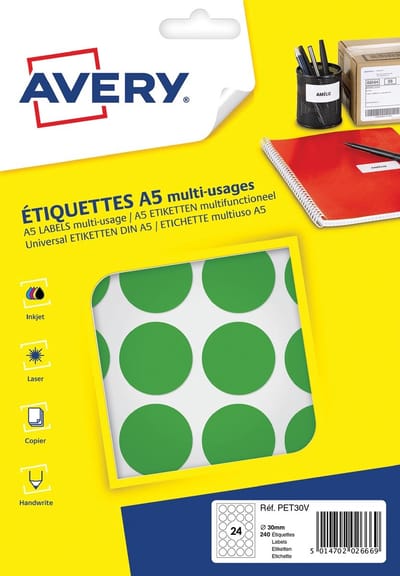 Etiket Avery A5 30mm rond     blister 240st groen