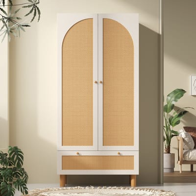 MODENUIT Kledingkast - 2 Deuren Met Rotan En Lade - Voor Slaapkamer En Hal - Hout Wit - 180,5x85,5x52 Cm