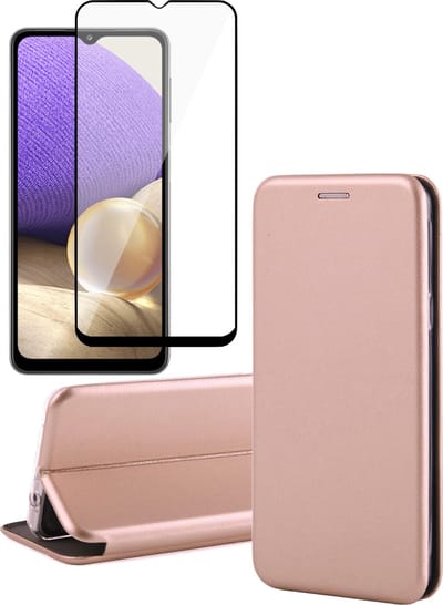 Hoesje geschikt voor Samsung A32 en Screenprotector - Book Case Kunstleer Wallet Cover Hoes Rosegoud + Screen Protector Glas Full Screen