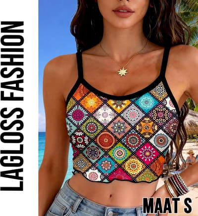 LaGloss® Dames Boho Zomer Crop Top Camisole Met Mandala Print en Spaghettibandjes – Casual – Bohemian – Lente/Zomer – Maat S