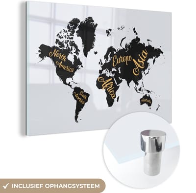 ® Glasschilderij 150x100 cm - Schilderij acrylglas - Wereldkaart - Letters - Goud - Foto op glas - Muurdecoratie woonkamer - Wanddecoratie slaapkamer - Schilderijen
