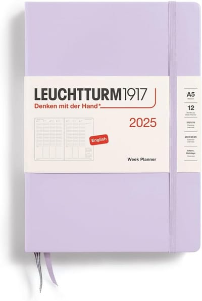 Weekplanner 2025, medium A5 hardcover - 12-maands-kalender, gelinieerd, lila, Engels