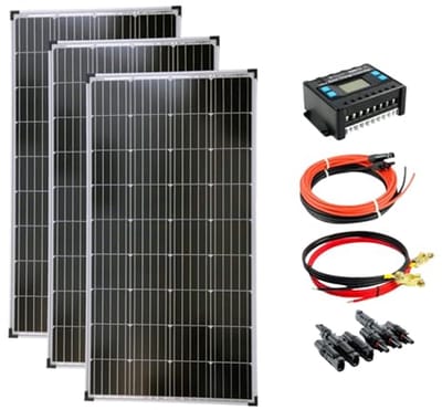 Complete set van 3 zonnepanelen van 130 Watt met laadregelaar voor fotovoltaïsche eilandinstallaties