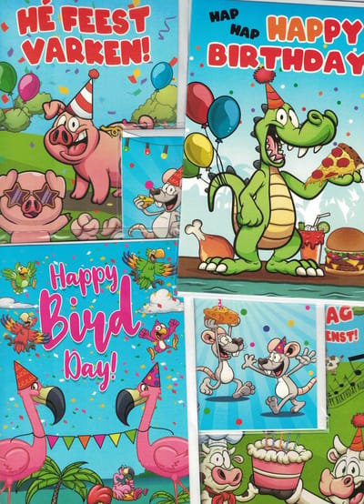 Wenskaarten - beestachtige verjaardag - gefeliciteerd - felicitatie kind - feestvarken - birthday - set van 5 - humor