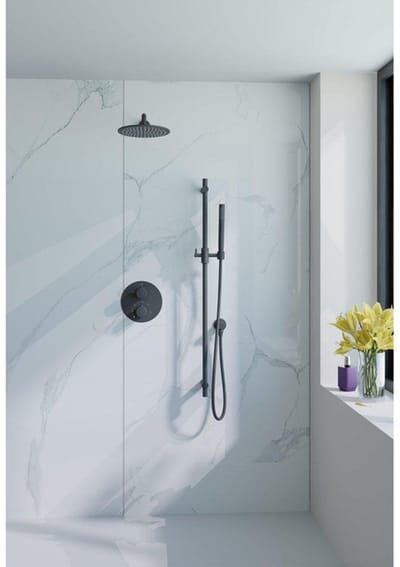 FugaFlow Eccelente Acces Inbouw Regendoucheset - rond - thermostatisch - wandarm - glijstang - 25cm hoofddouche - staaf handdouche - metalen doucheslang - mat zwart