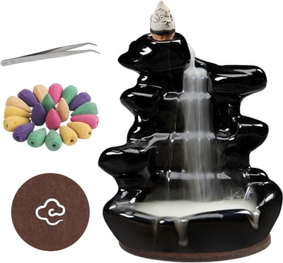 Ceramische Backflow Rookhouder met 60 Wierookconen, Tangen en Tafelmat voor Meditatie, Zen en Yoga Decoratie in Woonkamer