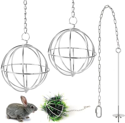 Konijn Opknoping Feeder, 2 STKS Konijn Opknoping Bal met 1 STKS Huisdier Voedsel Stok Houder 8 cm RVS Hooi Feeder Anti-bijt Hooi Dispenser voor Konijnen Kleine Dieren