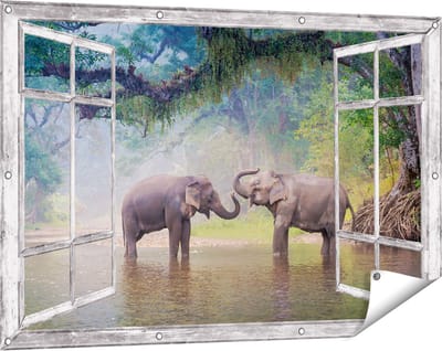 Gards Tuinposter Doorkijk Twee Olifanten in het Water - 120x80 cm - Tuindoek - Tuindecoratie - Wanddecoratie buiten - Tuinschilderij