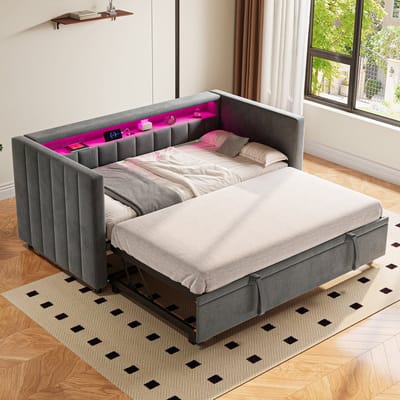 Multifunctionele slaapbank (90x190 cm) met uitschuifbaar bed, USB Type-C-poort, ledverlichting, fluwelen bekleding en opbergruimte – Stijlvol design voor woonkamers, logeerkamers of tienerkamers. Grijs