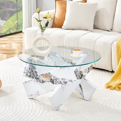 Ronde salontafel van MDF en glas, verkrijgbaar in meerdere kleuren: witte poten met marmerlook, eenvoudig en stijlvol. Diameter 79 cm, blad van gehard glas van 0,8 cm dik.