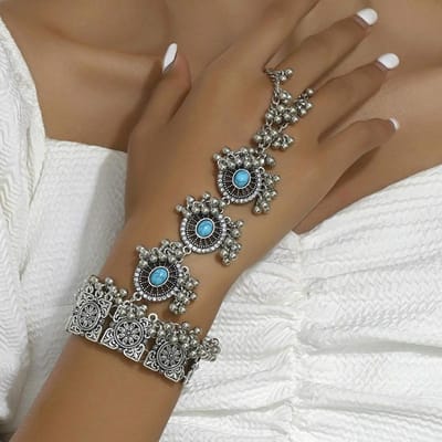 Bracelet ethnique en résine à pompon de mitaine pour femme, couleur cuivre vieilli, punk, bracelets de main, bague, bijoux pour femmes, fête, vacances gray