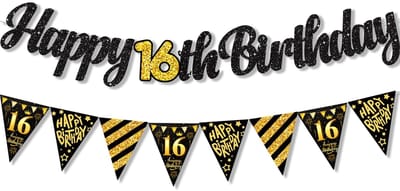 NTHProducts - Garland Decoratie - 16e Verjaardag - Feestelijke Banner - Zwart Goud - Verjaardagsdecoratie - 16 Jaar - Geschikt voor Jongens en Meisjes
