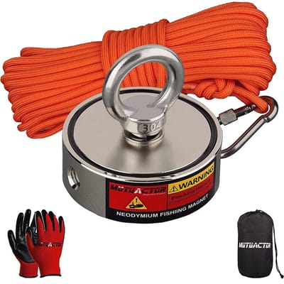 MUTUACTOR Vismagnetenset, dubbelzijdig, 500 kg, robuuste neodymium magneet N52 met een duurzaam touw van 20 m, krachtige magnetische schatten voor het ophalen van schatten in rivieren