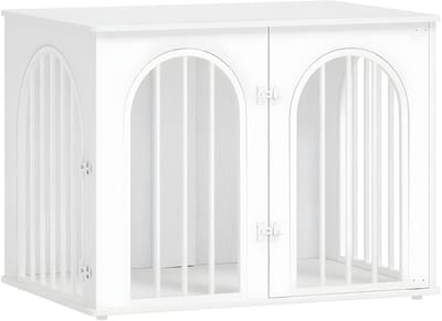 Hondenbench Meubel – Voor Binnen – 80 cm Hondenbox met 3 Deuren en Boogdeur, Te Gebruiken als Bijzettafel – Wit