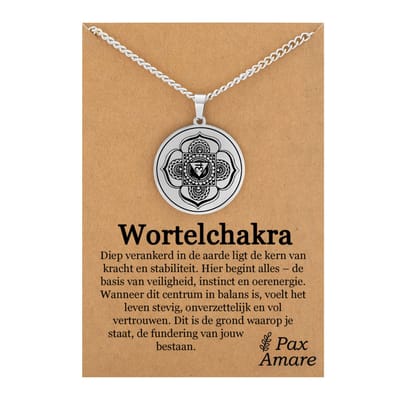 Wortel Chakra (Muladhara) Ketting op Cadeau Kaartje - Zilverkleurig Talisman - Roestvrij Staal - Spiritueel Cadeau - 60cm - Pax Amare