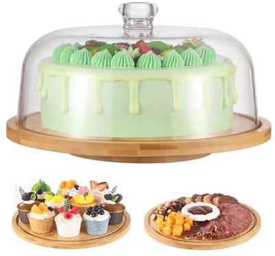 Roterende Taartstandaard met Deksel - Bamboe en Acryl Koepel, Draaibare Taartplateau 11,8 inch
