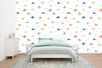 Behang - Fotobehang Patronen - Helicopter - Vliegtuig - Jongens - Kinderen - Kids - Breedte 400 cm x hoogte 240 cm