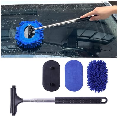 Dailygoods- Reinigingsgereedschap Draaibaar - Drie-in-één Glasreinigingsborstel - Microvezeldoek - Roestvrij Staal - Uitbreidbaar - 33 x 18 cm - Autoruitreiniger