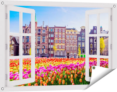 Gards Tuinposter Doorkijk Amsterdamse Huisjes met Tulpen - Kleur - 90x60 cm - Tuindoek - Tuindecoratie - Wanddecoratie buiten - Tuinschilderij