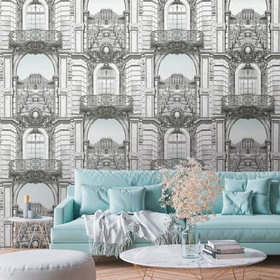 Fotobehang Profhome 393111-GU vliesbehang hardvinyl warmdruk in reliëf glad met architectonische motieven mat wit zwart grijs 1,59 m x 2,8 m