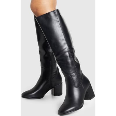 boohoo Dames Brede pasvorm lage block basic instapkniehoge laarzen | Black | Maat: 3
