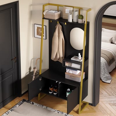 Moderne Minimalistische Compacte Kledingkast, open Multifunctionele Opbergkast met Spiegel, Metalen Haken, Kapstok met Schoenenbankje, Kledingkast, Schoenenrek, Kledingrek,Zwart